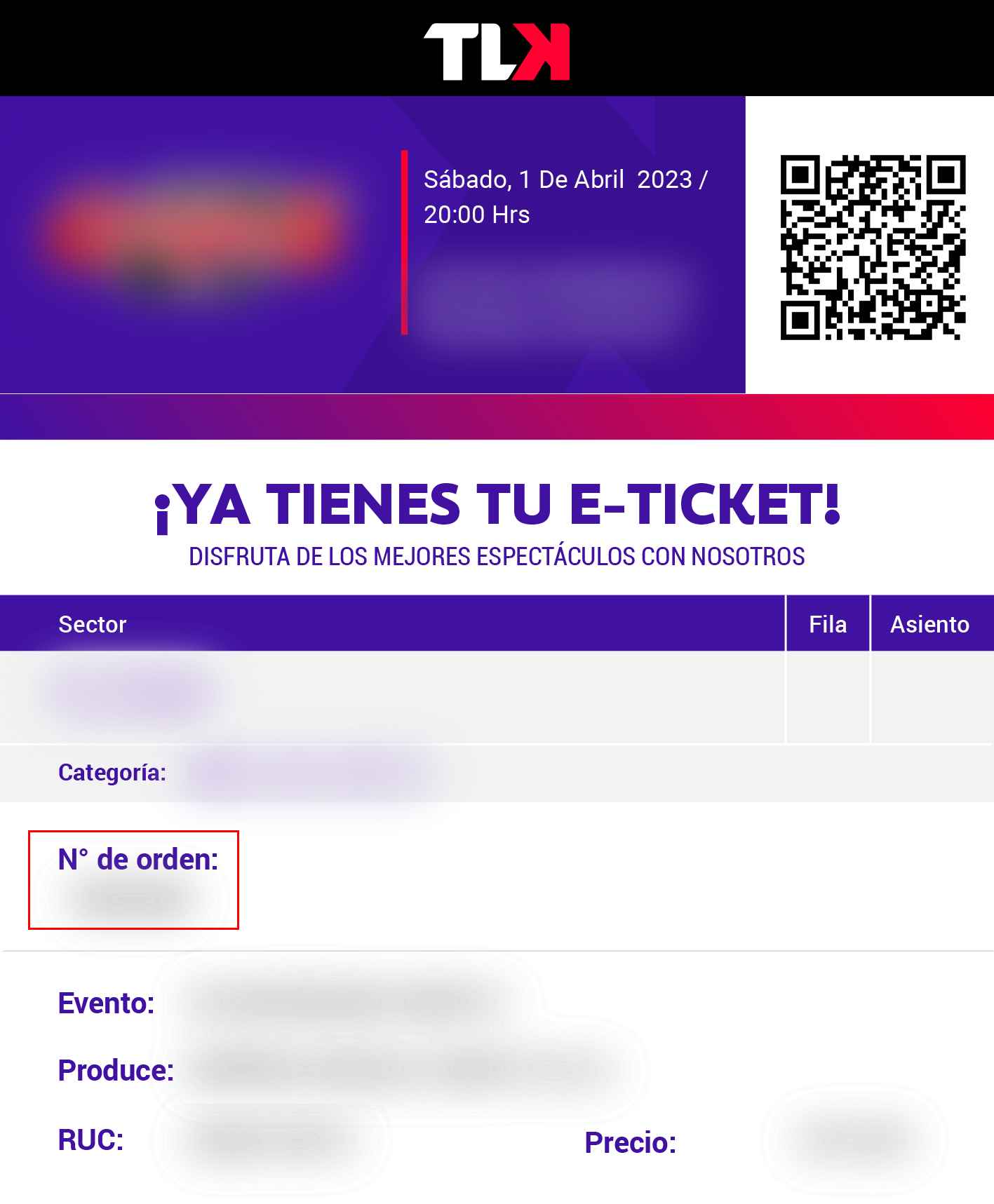 Ejemplo de e-ticket con número de orden