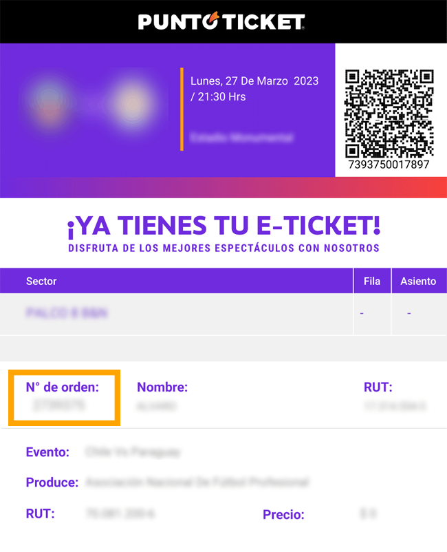 Ejemplo de e-ticket con número de orden